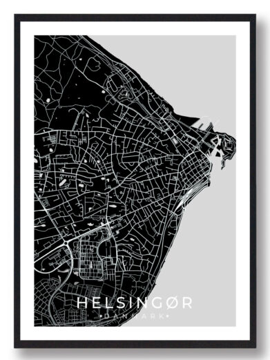 Helsingør bykort i stilrent plakat design. Denne Helsingør byplakat er med sort baggrund og viser Helsingør kortet fra sin smukkeste side