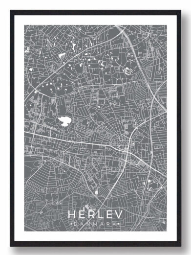 Herlev bykort i stilrent plakat design. Denne Herlev byplakat er med grå baggrund og viser Herlev kortet fra sin smukkeste side