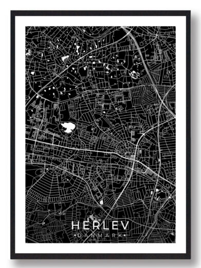 Herlev bykort i stilrent plakat design. Denne Herlev byplakat er med sort baggrund og viser Herlev kortet fra sin smukkeste side