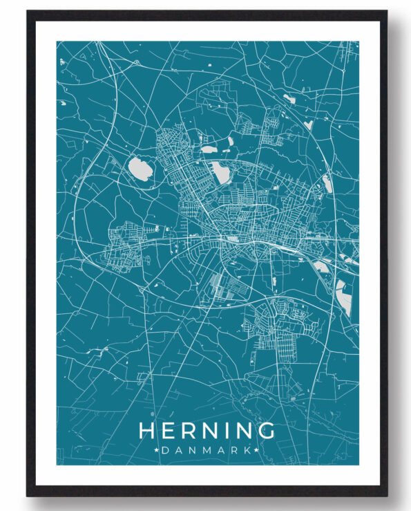 Herning bykort i stilrent plakat design. Denne Herning byplakat er med blå baggrund og viser Herning kortet fra sin smukkeste side