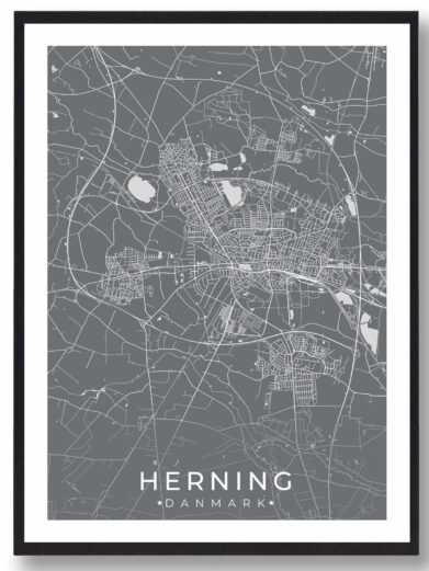 Herning bykort i stilrent plakat design. Denne Herning byplakat er med grå baggrund og viser Herning kortet fra sin smukkeste side