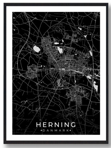 Herning bykort i stilrent plakat design. Denne Herning byplakat er med sort baggrund og viser Herning kortet fra sin smukkeste side