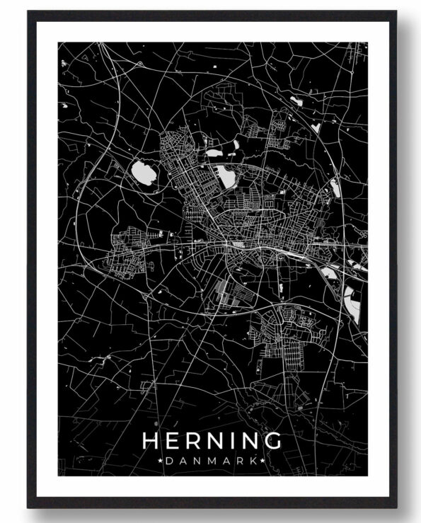 Herning bykort i stilrent plakat design. Denne Herning byplakat er med sort baggrund og viser Herning kortet fra sin smukkeste side