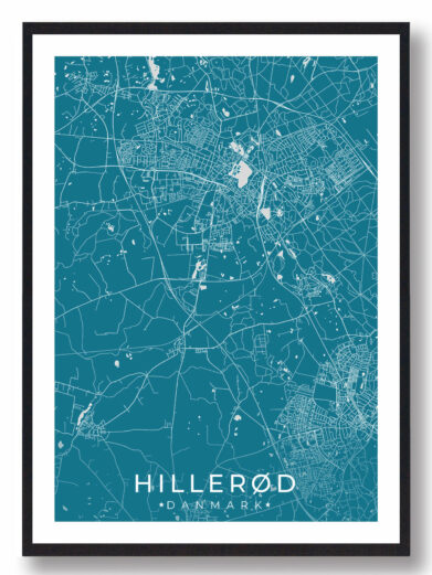 Hillerød bykort i stilrent plakat design. Denne Hillerød byplakat er med blå baggrund og viser Hillerød kortet fra sin smukkeste side