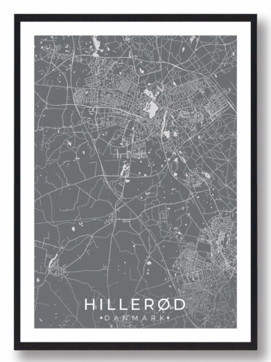 Hillerød bykort i stilrent plakat design. Denne Hillerød byplakat er med grå baggrund og viser Hillerød kortet fra sin smukkeste side