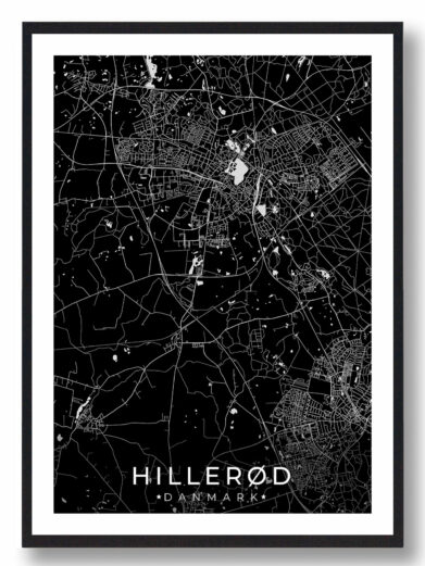 Hillerød bykort i stilrent plakat design. Denne Hillerød byplakat er med sort baggrund og viser Hillerød kortet fra sin smukkeste side
