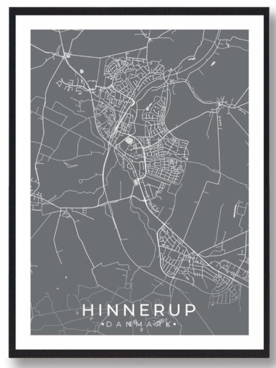 Hinnerup bykort i stilrent plakat design. Denne Hinnerup byplakat er med grå baggrund og viser Hinnerup kortet fra sin smukkeste side