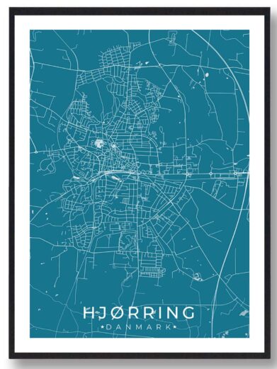 Hjørring bykort i stilrent plakat design. Denne Hjørring byplakat er med blå baggrund og viser Hjørring kortet fra sin smukkeste side