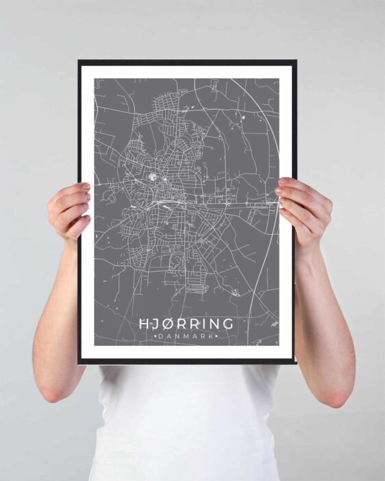 Hjørring bykort i stilrent plakat design. Denne Hjørring byplakat er med grå baggrund og viser Hjørring kortet fra sin smukkeste side