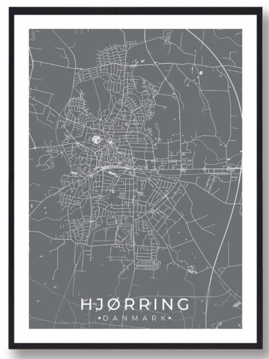 Hjørring bykort i stilrent plakat design. Denne Hjørring byplakat er med grå baggrund og viser Hjørring kortet fra sin smukkeste side