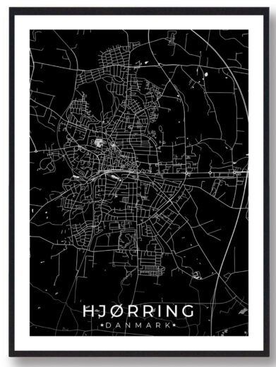 Hjørring bykort i stilrent plakat design. Denne Hjørring byplakat er med sort baggrund og viser Hjørring kortet fra sin smukkeste side
