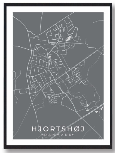Hjortshøj bykort i stilrent plakat design. Denne Hjortshøj byplakat er med grå baggrund og viser Hjortshøj kortet fra sin smukkeste side