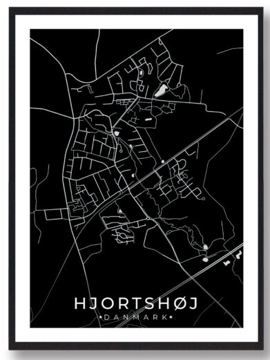 Hjortshøj bykort i stilrent plakat design. Denne Hjortshøj byplakat er med sort baggrund og viser Hjortshøj kortet fra sin smukkeste side