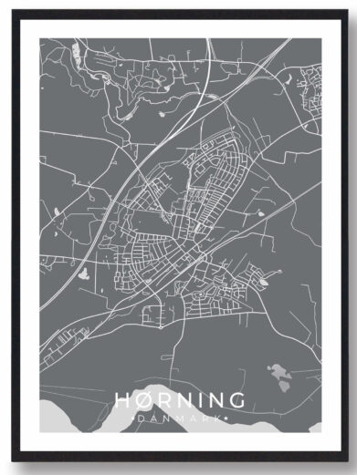 Hørning bykort i stilrent plakat design. Denne Hørning byplakat er med grå baggrund og viser Hørning kortet fra sin smukkeste side