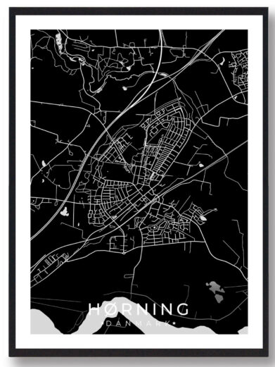 Hørning bykort i stilrent plakat design. Denne Hørning byplakat er med sort baggrund og viser Hørning kortet fra sin smukkeste side