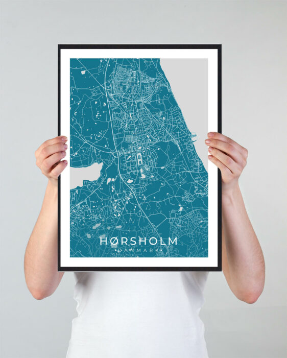Hørsholm bykort i stilrent plakat design. Denne Hørsholm byplakat er med blå baggrund og viser Hørsholm kortet fra sin smukkeste side