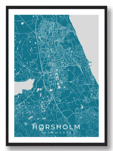 Hørsholm bykort i stilrent plakat design. Denne Hørsholm byplakat er med blå baggrund og viser Hørsholm kortet fra sin smukkeste side
