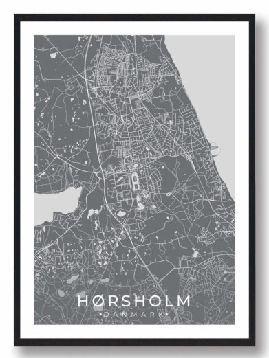 Hørsholm bykort i stilrent plakat design. Denne Hørsholm byplakat er med grå baggrund og viser Hørsholm kortet fra sin smukkeste side