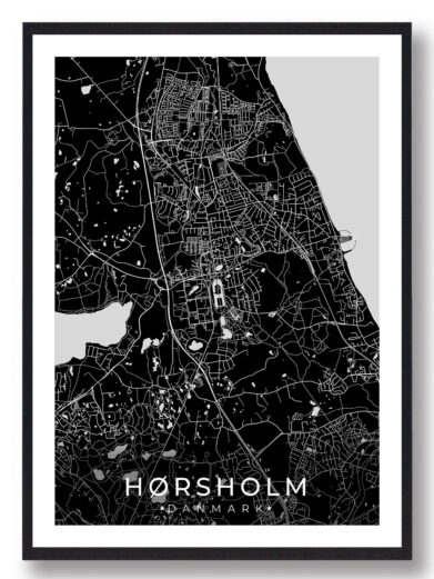 Hørsholm bykort i stilrent plakat design. Denne Hørsholm byplakat er med sort baggrund og viser Hørsholm kortet fra sin smukkeste side