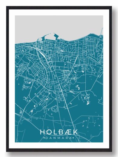 Holbæk bykort i stilrent plakat design. Denne Holbæk byplakat er med blå baggrund og viser Holbæk kortet fra sin smukkeste side