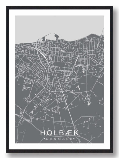 Holbæk bykort i stilrent plakat design. Denne Holbæk byplakat er med grå baggrund og viser Holbæk kortet fra sin smukkeste side