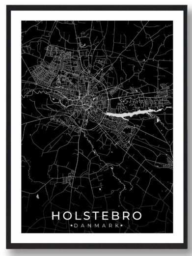 Holstebro bykort i stilrent plakat design. Denne Holstebro byplakat er med sort baggrund og viser Holstebro kortet fra sin smukkeste side