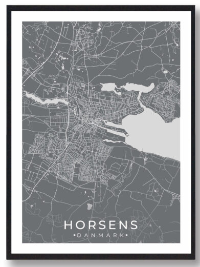 Horsens bykort i stilrent plakat design. Denne Horsens byplakat er med grå baggrund og viser Horsens kortet fra sin smukkeste side