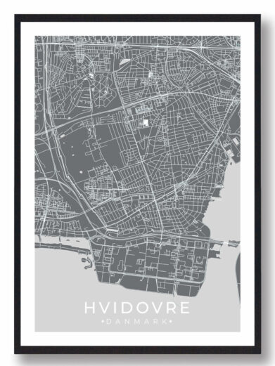 Hvidovre bykort i stilrent plakat design. Denne Hvideovre byplakat er med grå baggrund og viser Hvidovre kortet fra sin smukkeste side