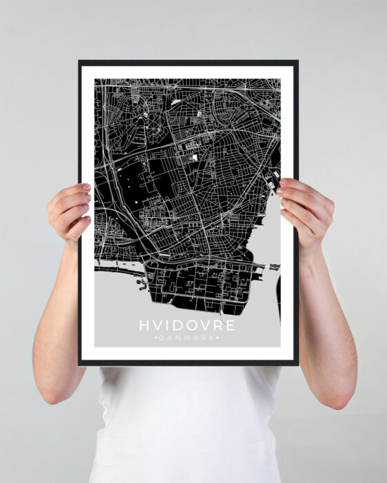 Hvidovre bykort i stilrent plakat design. Denne Hvideovre byplakat er med sort baggrund og viser Hvidovre kortet fra sin smukkeste side