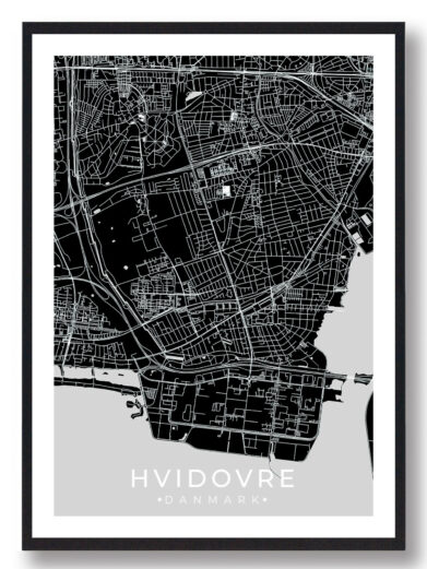 Hvidovre bykort i stilrent plakat design. Denne Hvideovre byplakat er med sort baggrund og viser Hvidovre kortet fra sin smukkeste side