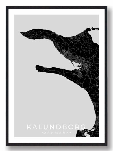 Kalundborg bykort i stilrent plakat design. Denne Kalundborg byplakat er med sort baggrund og viser Kalundborg kortet fra sin smukkeste side