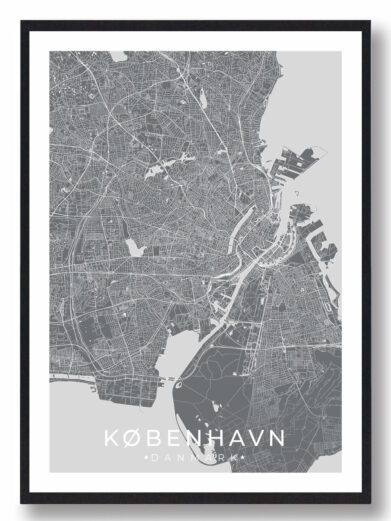 København bykort i stilrent plakat design. Denne København byplakat er med grå baggrund og viser København kortet fra sin smukkeste side