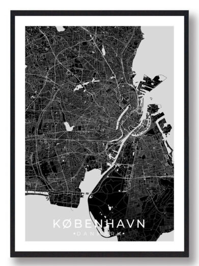 København bykort i stilrent plakat design. Denne København byplakat er med sort baggrund og viser København kortet fra sin smukkeste side