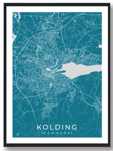 Kolding bykort i stilrent plakat design. Denne Kolding byplakat er med blå baggrund og viser Kolding kortet fra sin smukkeste side