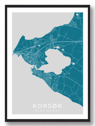 Korsør bykort i stilrent plakat design. Denne Korsør byplakat er med blå baggrund og viser Korsør kortet fra sin smukkeste side