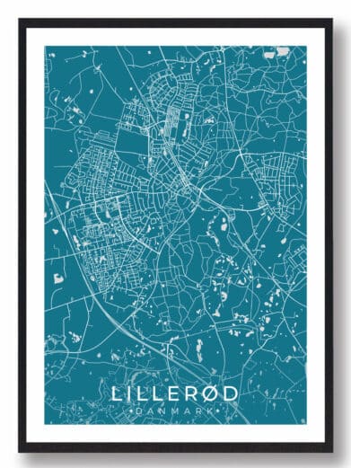 Lillerød bykort i stilrent plakat design. Denne Lillerød byplakat er med blå baggrund og viser Lillerød kortet fra sin smukkeste side