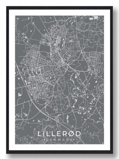 Lillerød bykort i stilrent plakat design. Denne Lillerød byplakat er med grå baggrund og viser Lillerød kortet fra sin smukkeste side