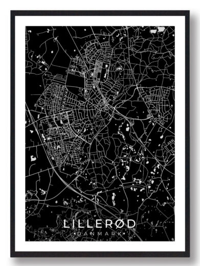 Lillerød bykort i stilrent plakat design. Denne Lillerød byplakat er med sort baggrund og viser Lillerød kortet fra sin smukkeste side