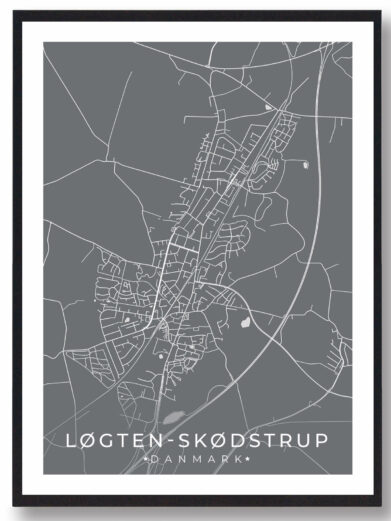 Løgten-Skødstrup bykort i stilrent plakat design. Denne Løgten-Skødstrup byplakat er med grå baggrund og viser Løgten-Skødstrup kortet fra sin smukkeste side