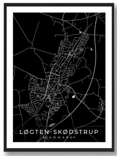 Løgten-Skødstrup bykort i stilrent plakat design. Denne Løgten-Skødstrup byplakat er med sort baggrund og viser Løgten-Skødstrup kortet fra sin smukkeste side