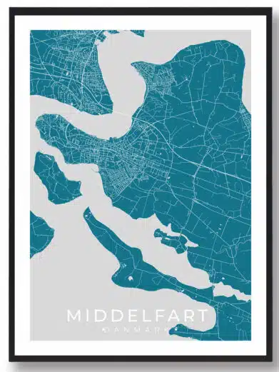 Middelfart bykort i stilrent plakat design. Denne Middelfart byplakat er med blå baggrund og viser Middelfart kortet fra sin smukkeste side