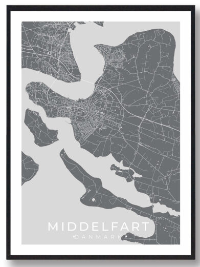Middelfart bykort i stilrent plakat design. Denne Middelfart byplakat er med grå baggrund og viser Middelfart kortet fra sin smukkeste side