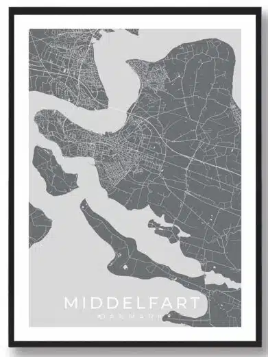 Middelfart bykort i stilrent plakat design. Denne Middelfart byplakat er med grå baggrund og viser Middelfart kortet fra sin smukkeste side