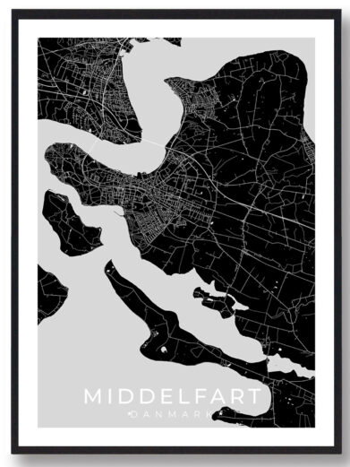 Middelfart bykort i stilrent plakat design. Denne Middelfart byplakat er med sort baggrund og viser Middelfart kortet fra sin smukkeste side