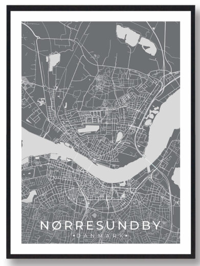 Nørresundby bykort i stilrent plakat design. Denne Nørresundby byplakat er med grå baggrund og viser Nørresundby kortet fra sin smukkeste side