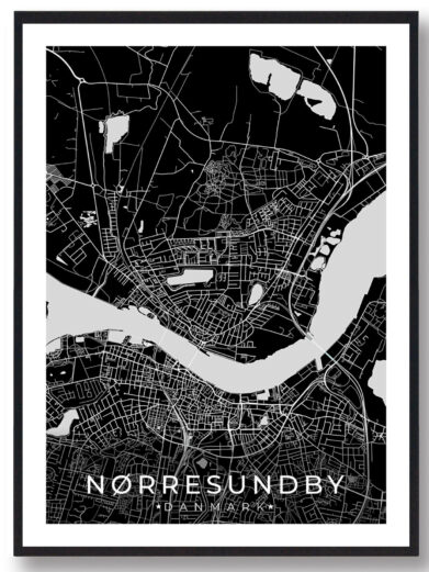 Nørresundby bykort i stilrent plakat design. Denne Nørresundby byplakat er med sort baggrund og viser Nørresundby kortet fra sin smukkeste side