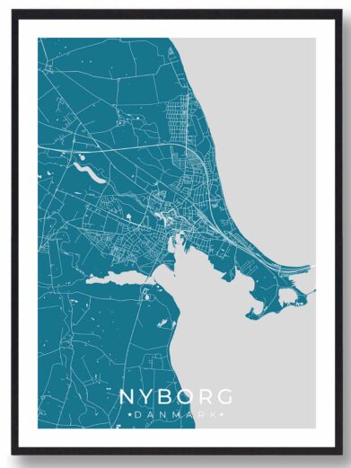 Nyborg bykort i stilrent plakat design. Denne Nyborg byplakat er med blå baggrund og viser Nyborg kortet fra sin smukkeste side