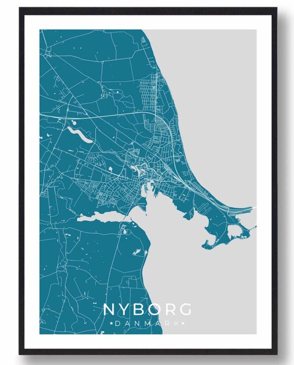 Nyborg bykort i stilrent plakat design. Denne Nyborg byplakat er med blå baggrund og viser Nyborg kortet fra sin smukkeste side
