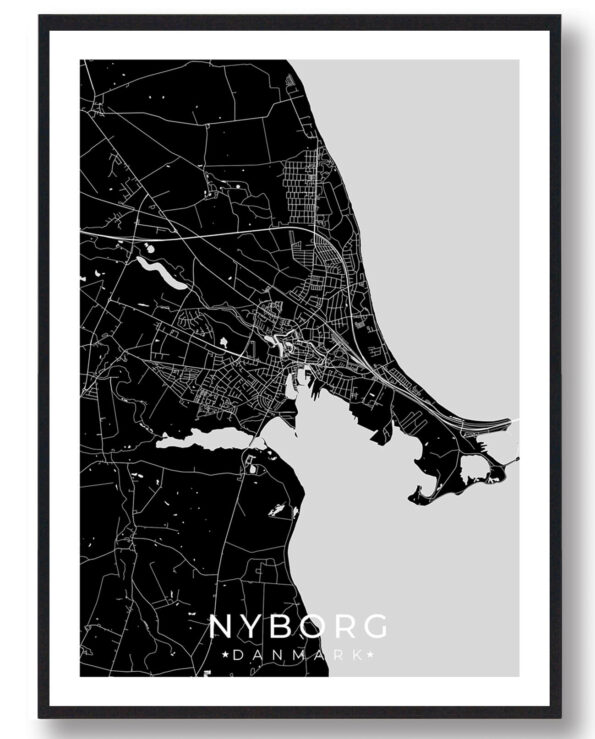 Nyborg bykort i stilrent plakat design. Denne Nyborg byplakat er med sort baggrund og viser Nyborg kortet fra sin smukkeste side