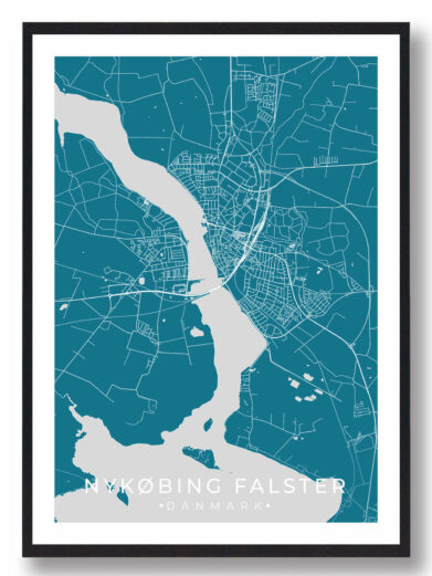 Nykøbing Falster bykort i stilrent plakat design. Denne Nykøbing Falster byplakat er med blå baggrund og viser Nykøbing Falster kortet fra sin smukkeste side